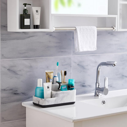 Toothbrush Holder Organizer - Multi-Functional Bathroom Storage for Makeup, Skincare, and Accessories - White Marble Look Countertop Organizer for Sink and Vanity Spaces