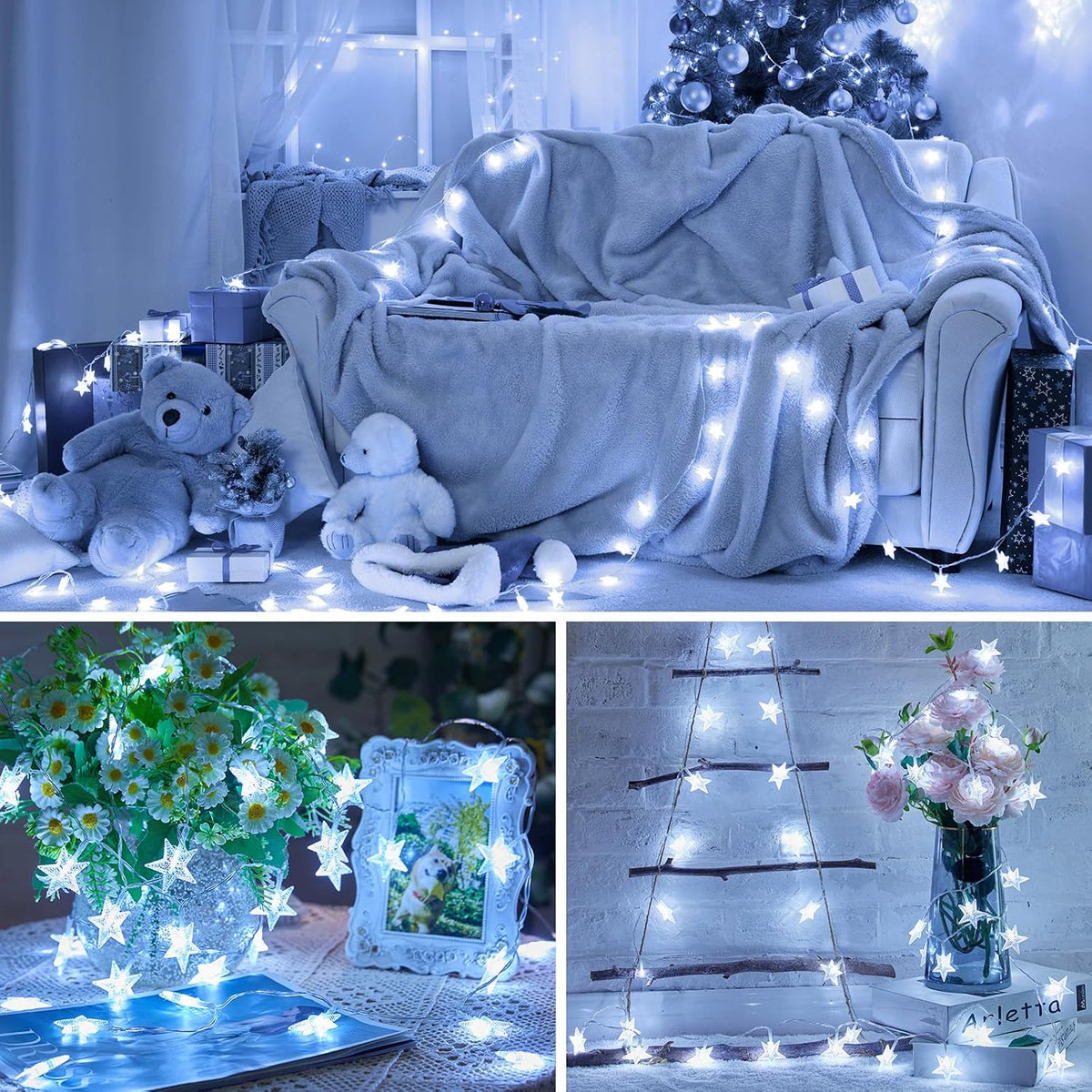 Star String Lights Battery Operated - 17 Ft 50 LED Star Fairy String Lights with Timer, Waterproof for Indoor Bedroom Tent Loft Bed Patio Party Wedding Decor, White
