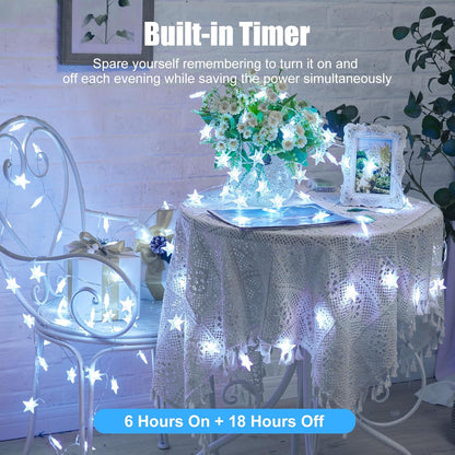 Star String Lights Battery Operated - 17 Ft 50 LED Star Fairy String Lights with Timer, Waterproof for Indoor Bedroom Tent Loft Bed Patio Party Wedding Decor, White