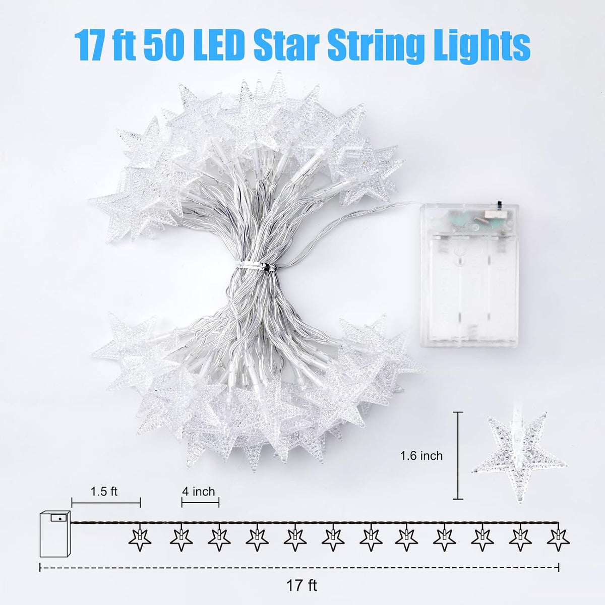 Star String Lights Battery Operated - 17 Ft 50 LED Star Fairy String Lights with Timer, Waterproof for Indoor Bedroom Tent Loft Bed Patio Party Wedding Decor, White