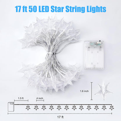 Star String Lights Battery Operated - 17 Ft 50 LED Star Fairy String Lights with Timer, Waterproof for Indoor Bedroom Tent Loft Bed Patio Party Wedding Decor, White