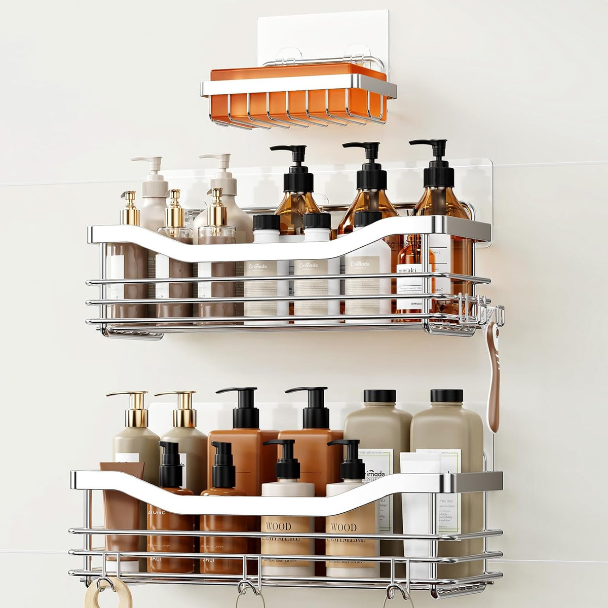 Shower Caddy Basket Soap Dish Holder Shelf with 5 Hooks Bathroom Organizer Shelf Kitchen Storage Rack Wall Mounted Adhesive No Drilling Rustproof SUS304 Stainless Steel - 3 Pack