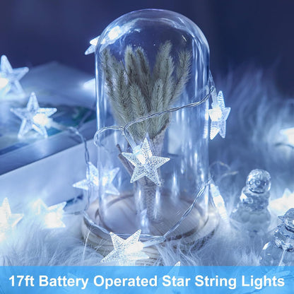 Star String Lights Battery Operated - 17 Ft 50 LED Star Fairy String Lights with Timer, Waterproof for Indoor Bedroom Tent Loft Bed Patio Party Wedding Decor, White