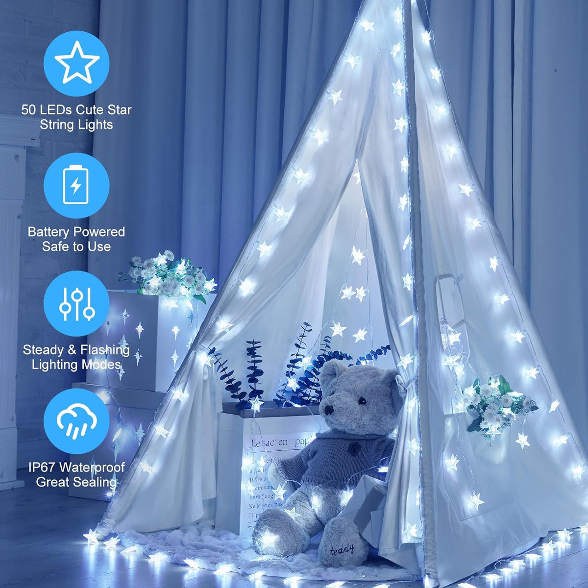 Star String Lights Battery Operated - 17 Ft 50 LED Star Fairy String Lights with Timer, Waterproof for Indoor Bedroom Tent Loft Bed Patio Party Wedding Decor, White