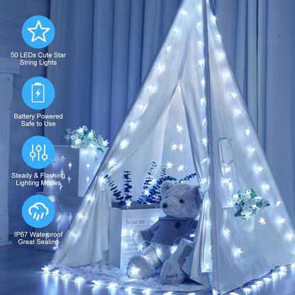 Star String Lights Battery Operated - 17 Ft 50 LED Star Fairy String Lights with Timer, Waterproof for Indoor Bedroom Tent Loft Bed Patio Party Wedding Decor, White