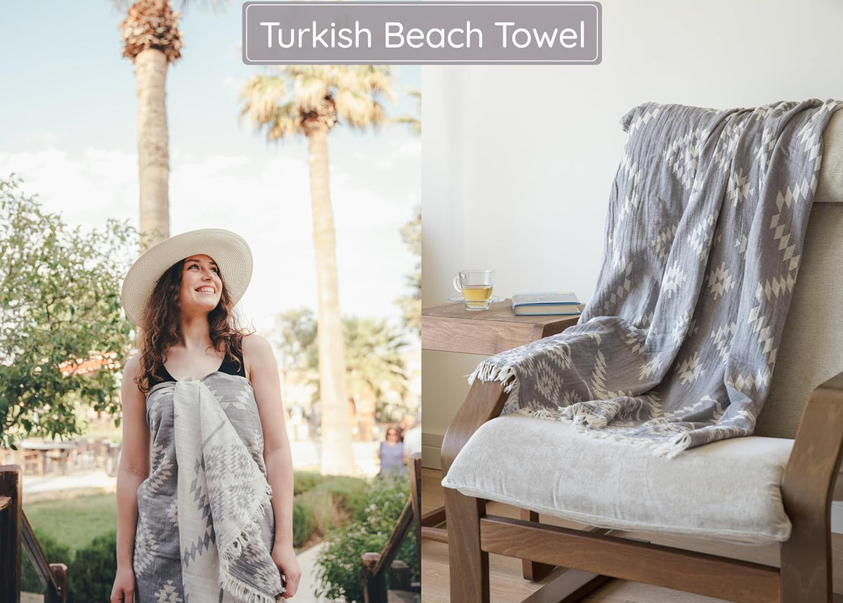 Premium Turkish Beach Towel – 35"X67" Lightweight Quick Dry Towel – 100% Cotton Sand-Free Turkish Towels – Vintage Dark Grey