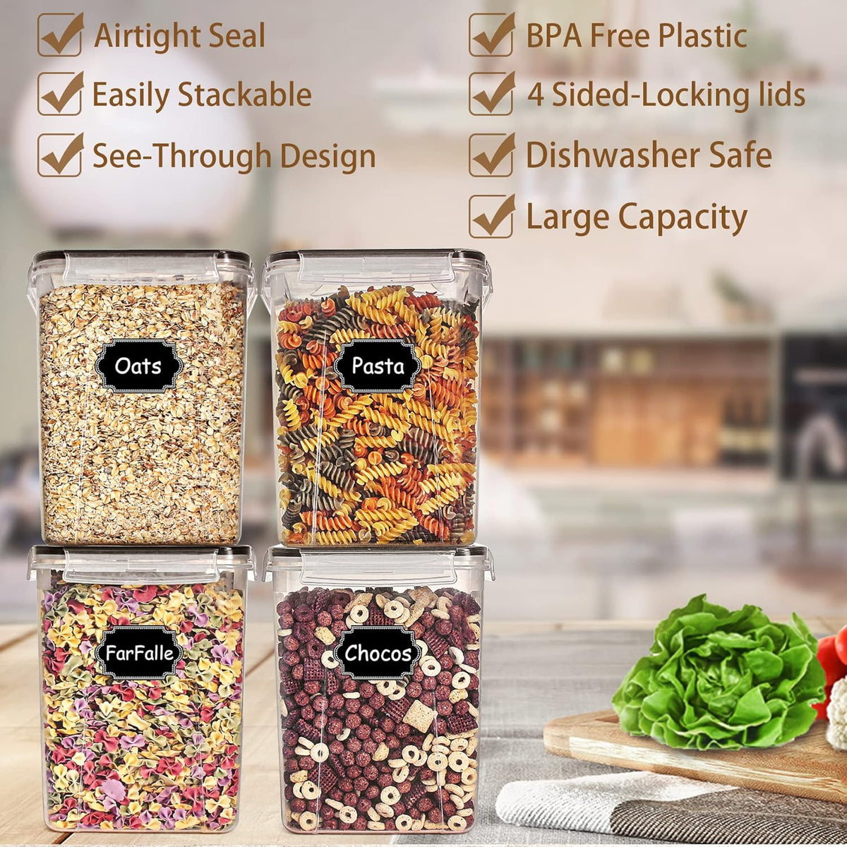 5.2L Flour Storage Containers, Set of 4, Black Food Storage Solutions