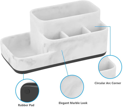 Toothbrush Holder Organizer - Multi-Functional Bathroom Storage for Makeup, Skincare, and Accessories - White Marble Look Countertop Organizer for Sink and Vanity Spaces