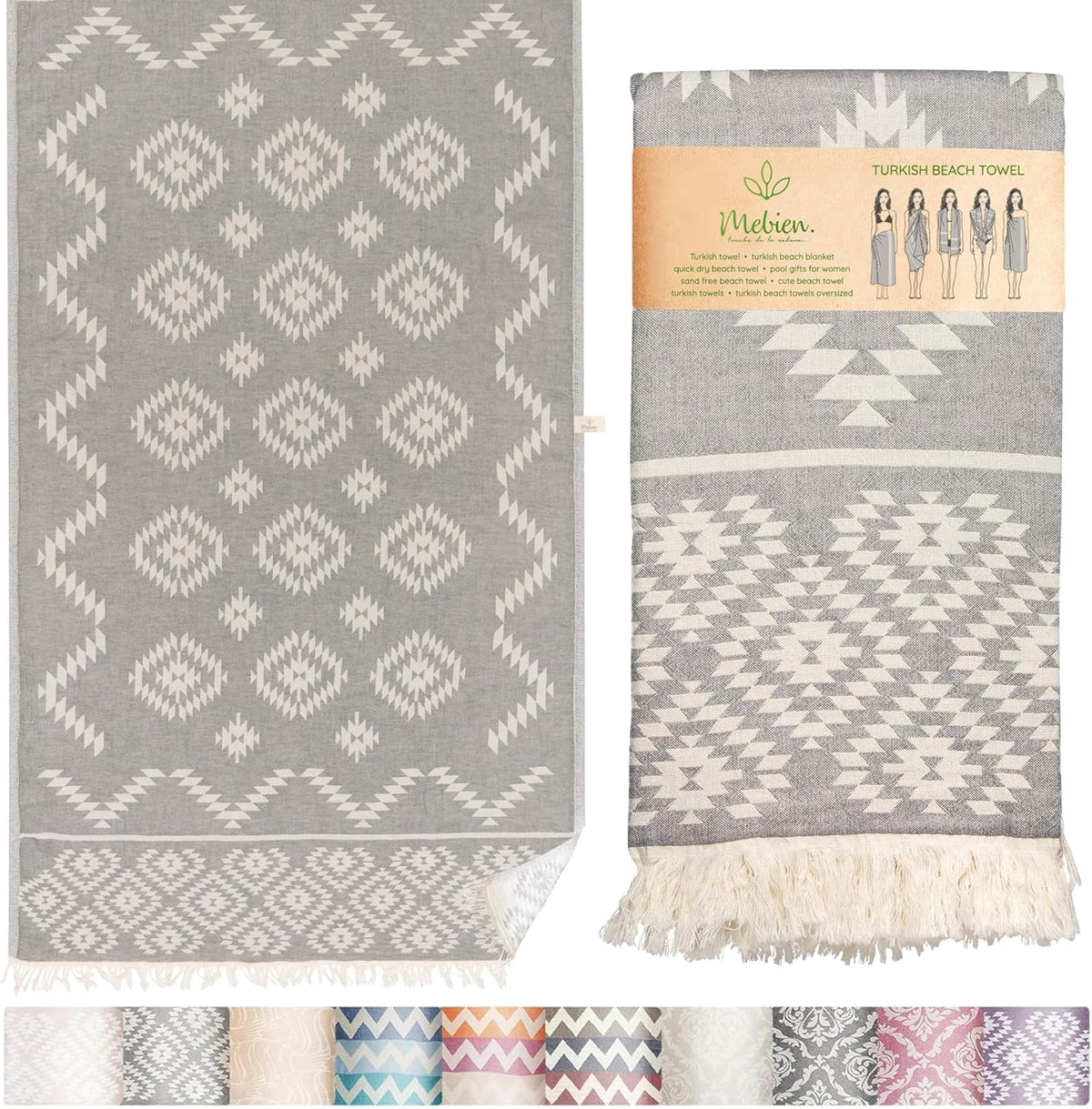Premium Turkish Beach Towel – 35"X67" Lightweight Quick Dry Towel – 100% Cotton Sand-Free Turkish Towels – Vintage Dark Grey